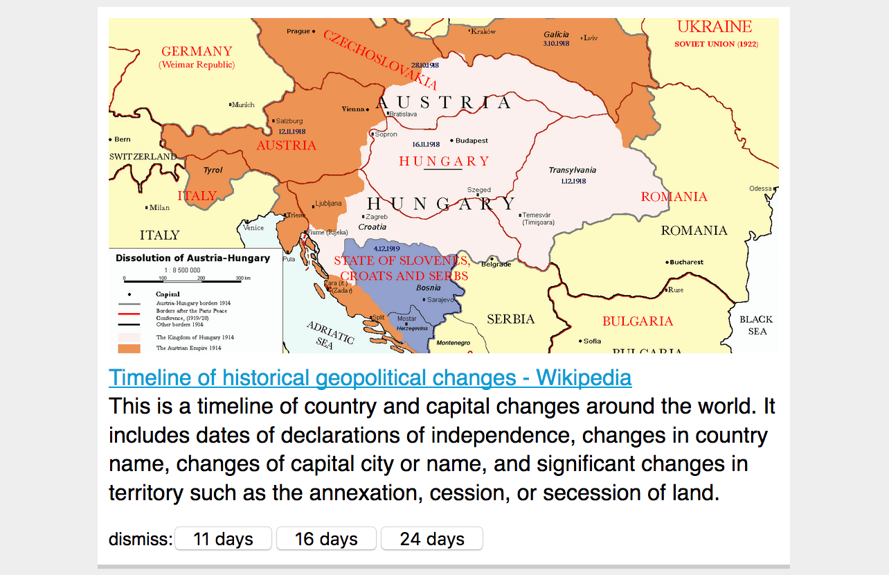 Screenshot of application showing a map of the Austo-Hungarian empire's dissolution
